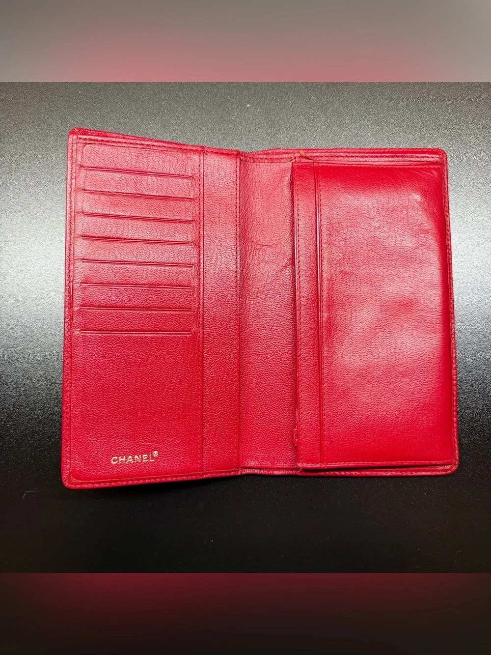 CHANEL Caviar Sevruga Yen Red Wallet